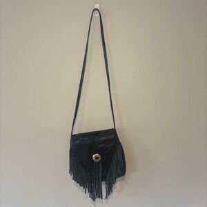 VINTAGE CALIFORNIAN Black Leather (Lamb) Fringe Shoulder Purse w/ Aztec Button